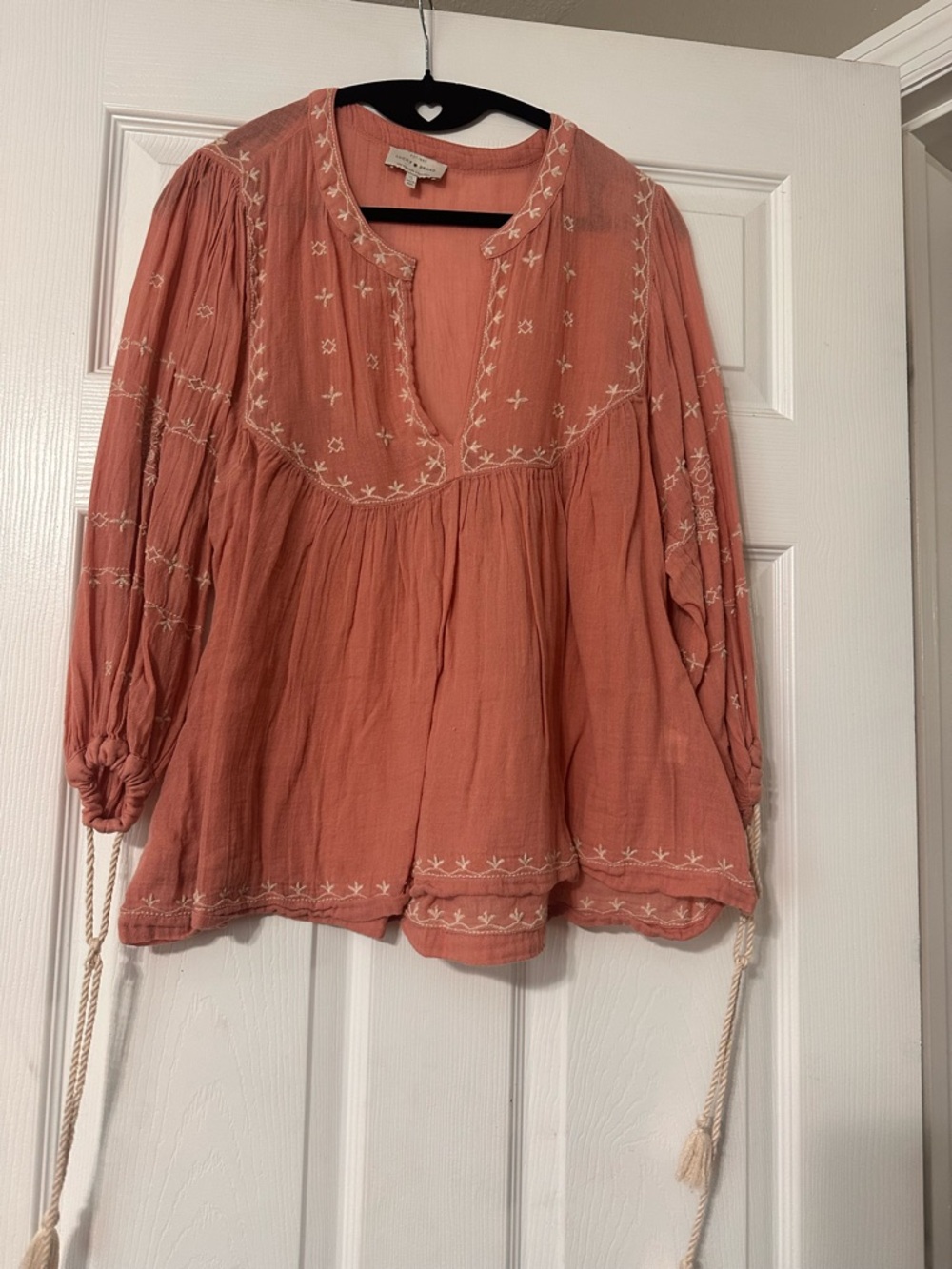Lucky Brand Coral Embroidered Peasant Blouse